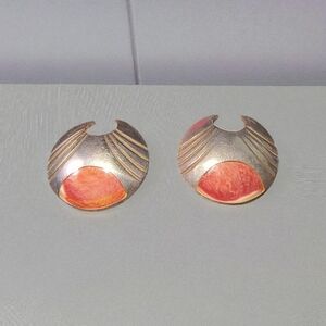 Vintage Signed TCA 1985 Sterling Silver And Coral Inlay Post Earrings